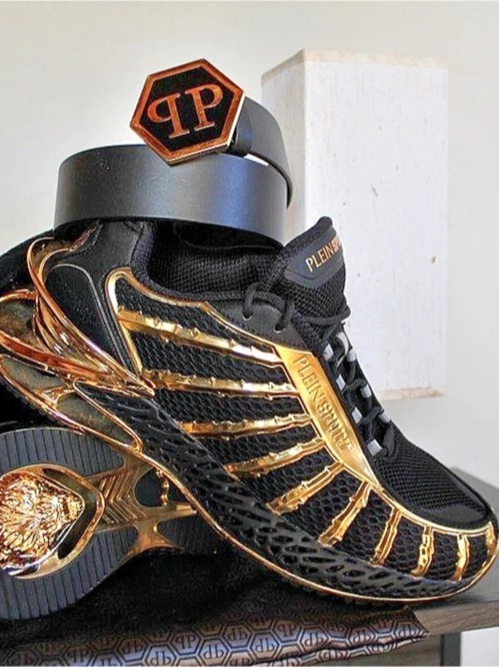 Philipp Plein Black & Gold High Top Sneakers Like New